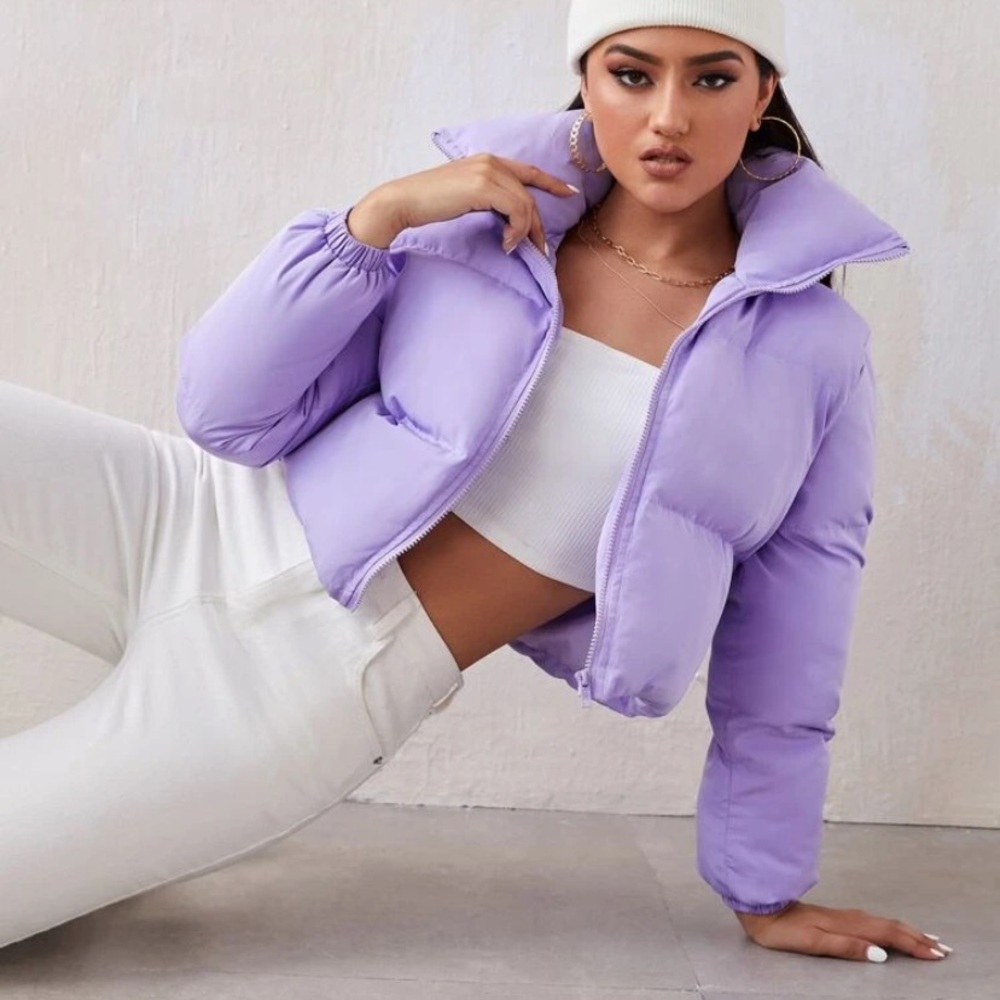 cropped lavender puffer jacket
